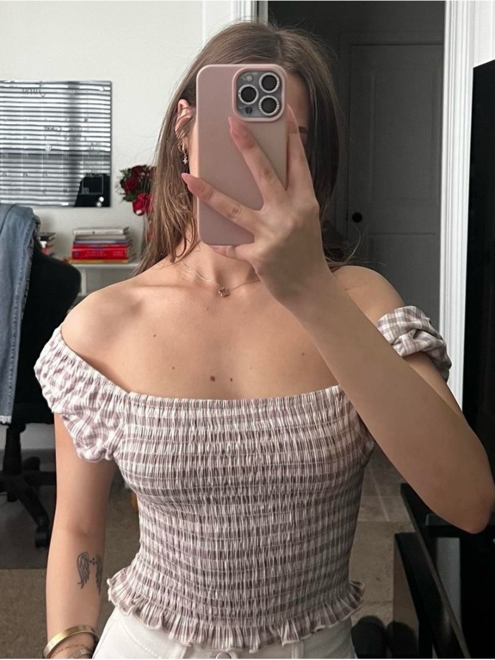 Caution To The Wind Top in Light Mauve Plaid